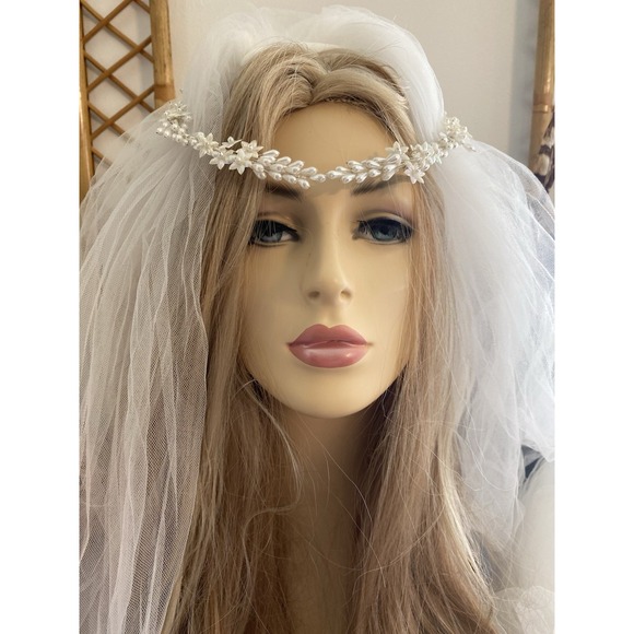 Vintage Floral Beaded Faux‎ Pearl Embellished Wedding Crown Headband Pearlescent